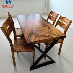 Bàn ăn gỗ Me Tây mặt gỗ nguyên tấm 4 ghế Nội Thất Thịnh Phát Đà Nẵng