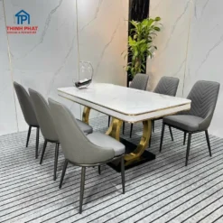 Bàn ăn mặt đá nhập khẩu 6 ghế chân tròn Nội Thất Thịnh Phát Đà Nẵng