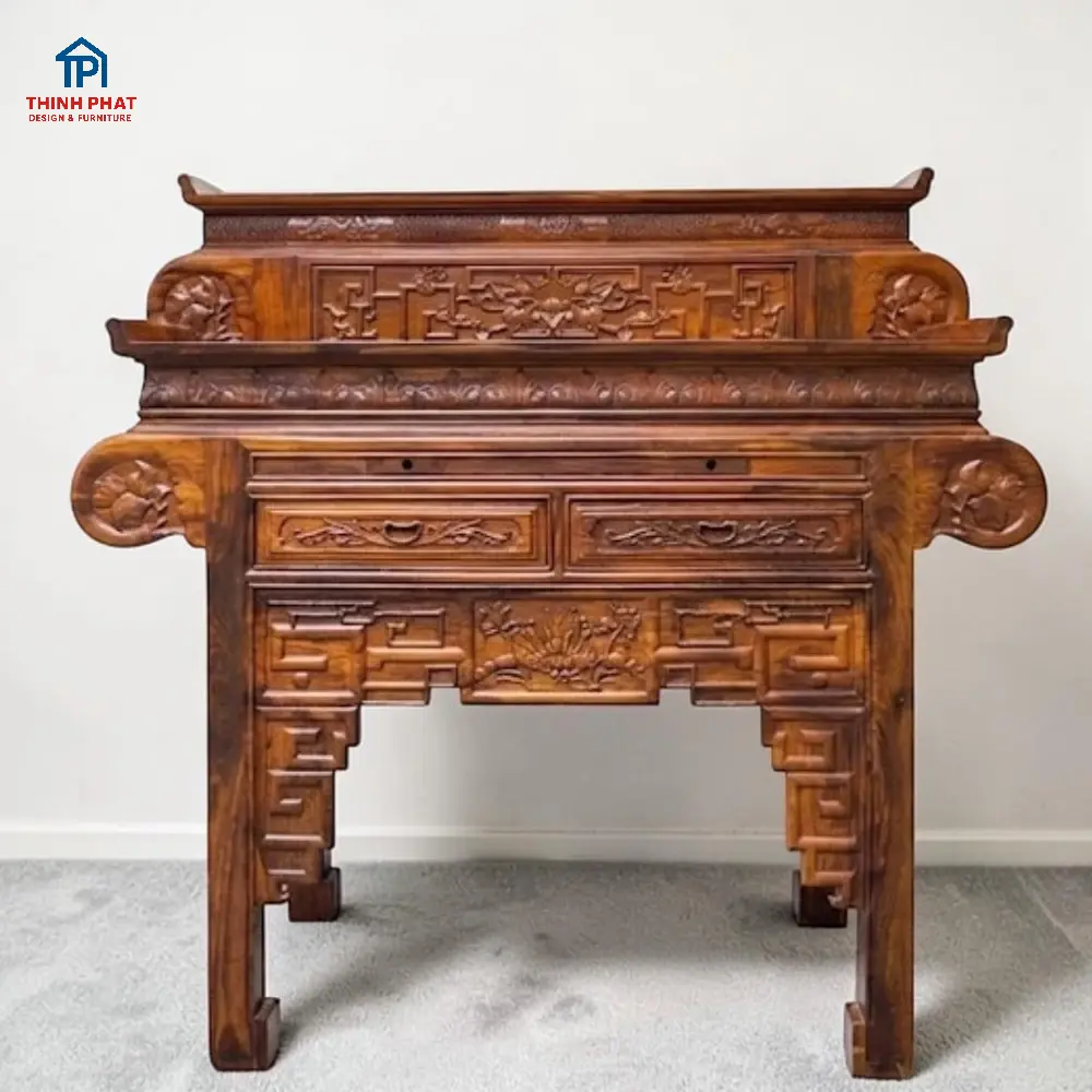 Bàn thờ gỗ Chiu Liu 2 tầng tai cuốn sệ góc trực diện trang nghiêm tại Nội Thất Thịnh Phát