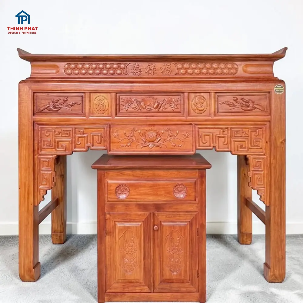 Bàn thờ gỗ Tràm chạm kèm tủ cơm góc trực diện tại Nội Thất Thịnh Phát
