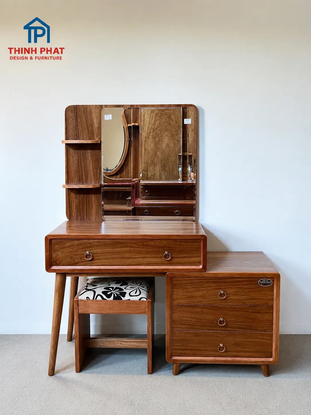 Bàn trang điểm gỗ Cẩm chân tròn tab lệch góc trực diện tại Thịnh Phát Đà Nẵng