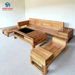 Bộ sofa phòng khách gỗ Hương Xám mẫu góc chân quỳ kèm bàn trà hiện đại