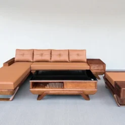 Sofa phòng khách gỗ Sồi mẫu góc chân thuyền tại Nội Thất Thịnh Phát Đà Nẵng