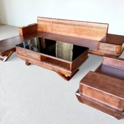 Bộ sofa phòng khách gỗ Sồi mẫu góc chân thuyền kèm bàn trà hiện đại