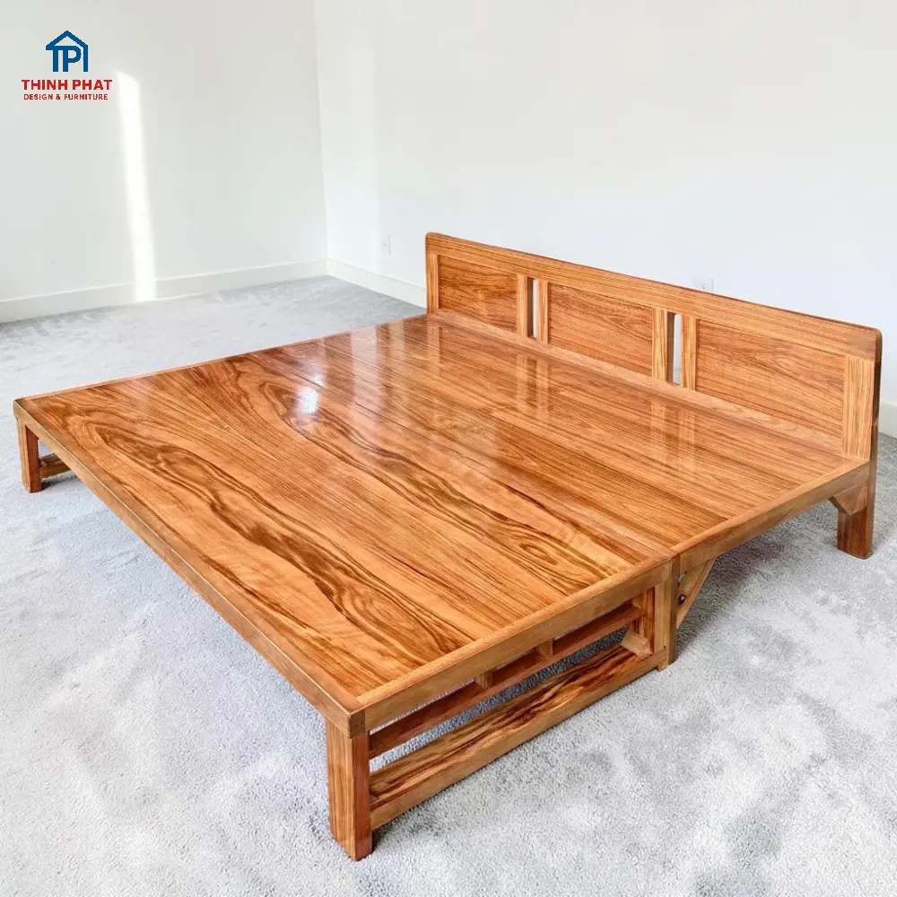 Giường gấp lề âm gỗ Hương Xám khi xếp gọn góc nghiêng phải tại Thịnh Phát 466-472 Ngô Quyền Đà Nẵng
