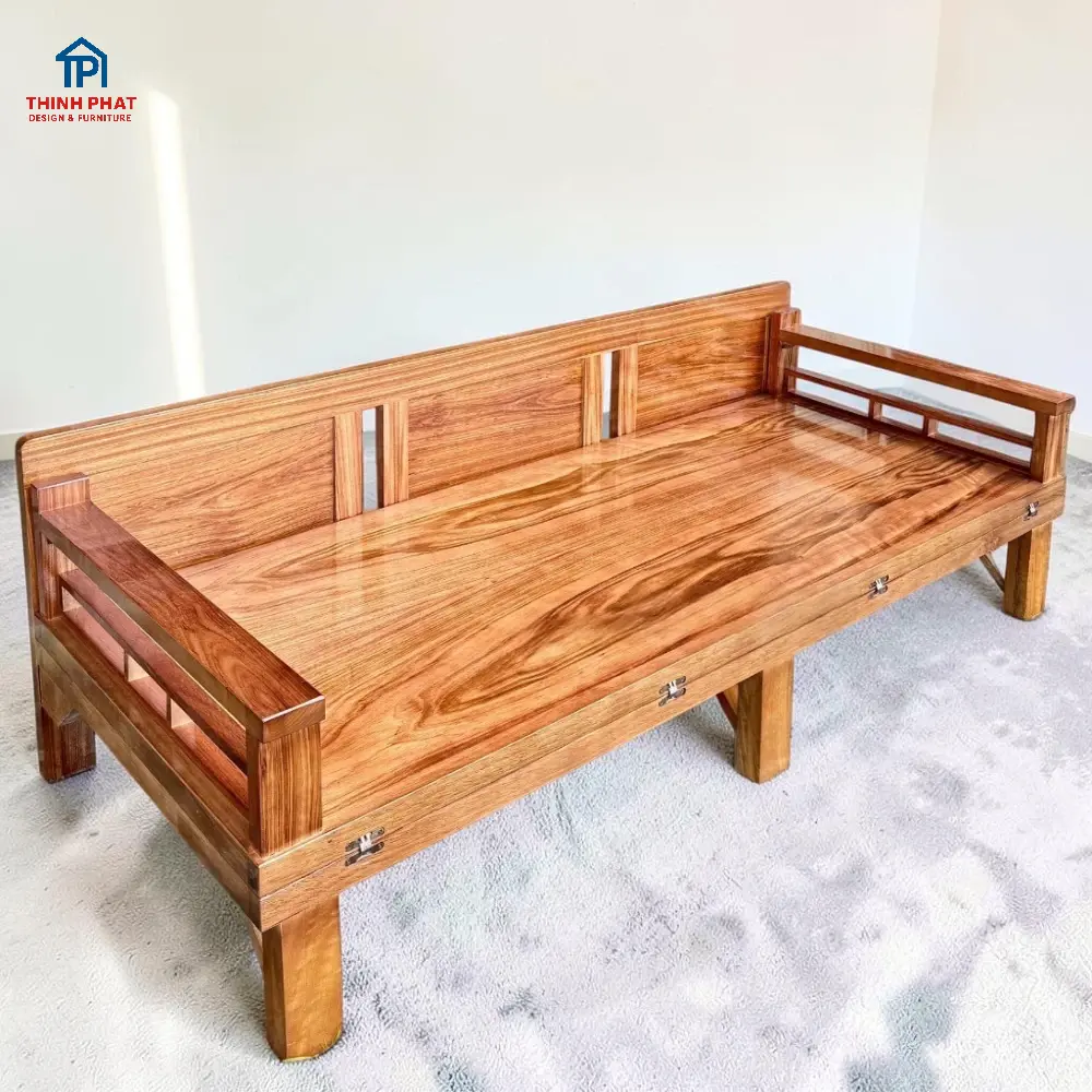 Giường gấp lề âm gỗ Hương Xám khi xếp gọn góc nghiêng trái tại Thịnh Phát Đà Nẵng
