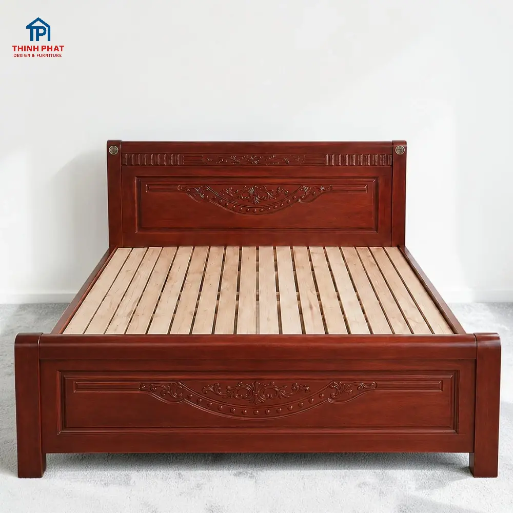 Giường gỗ Tràm sử dụng nan vạt tại Showroom Nội thất Thịnh Phát 466-472 Ngô Quyền Đà Nẵng