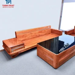 Bộ ghế sofa gỗ Hương Đá 2 văng chân thuyền kèm bàn trà kính cường lực – Nội Thất Thịnh Phát Đà Nẵng