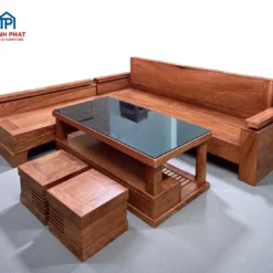 Bộ sofa phòng khách gỗ Hương Đá mẫu góc tay vuông tựa liền kèm bàn trà kính cường lực