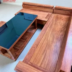 Sofa phòng khách gỗ Hương Đá mẫu góc tay vuông tựa liền – sang trọng và tinh tế