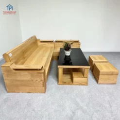 Sofa gỗ Sồi mẫu Góc Tay trứng tựa cong chụp gọc dọc nhỏ gọn tại Nội Thất Thịnh Phát