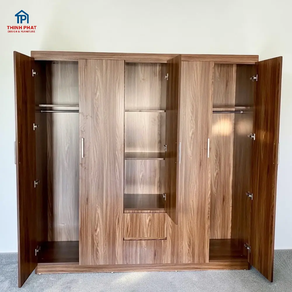 Tủ quần áo gỗ mdf 5 cánh màu óc chó chi tiết bên trong tại Đà Nẵng