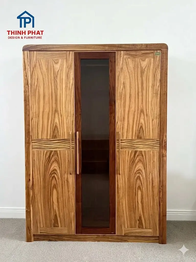 Tủ quần áo gỗ Hương Xám 3 cánh sóng kính trực diện tại Thịnh Phát Đà Nẵng