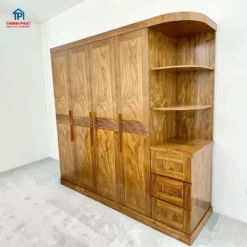 Tủ quần áo gỗ Hương Xám 4 cánh sóng kệ góc nghiêng phải tại Thịnh Phát Đà Nẵng