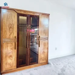 Tủ quần áo gỗ Hương Xám 4 cánh sóng kính góc nghiêng phải tại Đà Nẵng