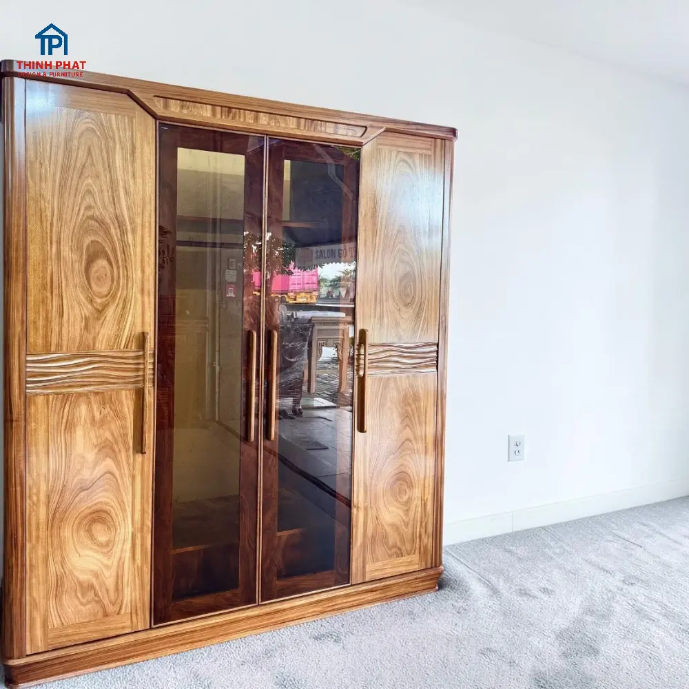 Tủ quần áo gỗ Hương Xám 4 cánh sóng kính góc nghiêng phải tại Đà Nẵng