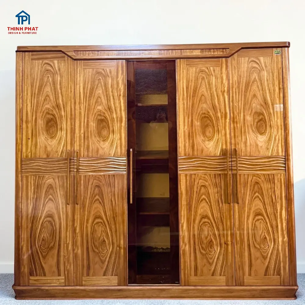 Tủ quần áo gỗ gỗ Hương Xám 5 cánh sóng kính trực diện tại Thịnh Phát Đà Nẵng