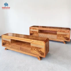 Kệ tivi gỗ Hương xám kiểu thuyền hiện đại có ngăn kéo và kệ mở vân gỗ đẹp tại Đà Nẵng