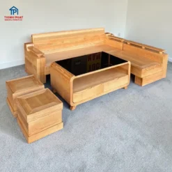 Sofa gỗ Sồi chân hộp tựa cong màu tự nhiên tại Nội thất Thịnh Phát Đà Nẵng