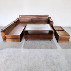 Sofa góc chân hộp tựa cong gỗ Mun trực diện tại Nội thất Thịnh Phát Đà Nẵng