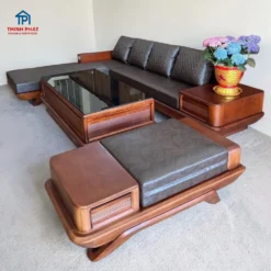 sofa góc gỗ gõ đỏ chữ L góc phải thiết kế chân thuyền bàn kính phòng khách Đà Nẵng