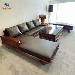 sofa góc gỗ gõ đỏ góc trái có đệm da bàn trà kính thiết kế phòng khách cao cấp