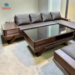 sofa góc gỗ mun góc trái thiết kế chân thuyền bàn trà kính phòng khách cao cấp