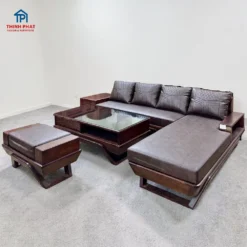sofa góc gỗ mun chữ L có đôn bàn kính thiết kế phòng khách đẹp sang trọng