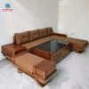 sofa gỗ góc chữ L gỗ hương xám có đệm màu nâu thiết kế hiện đại phòng khách Đà Nẵng