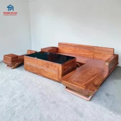 Bộ sofa gỗ hương xám chân thuyền góc phải sang trọng phòng khách