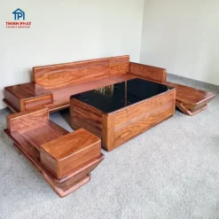 sofa gỗ góc chữ L gỗ tự nhiên góc trái bàn trà kính đen phòng khách hiện đại