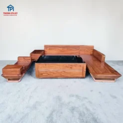 sofa gỗ hương xám nguyên khối thiết kế chữ L bàn kính phòng khách cao cấp