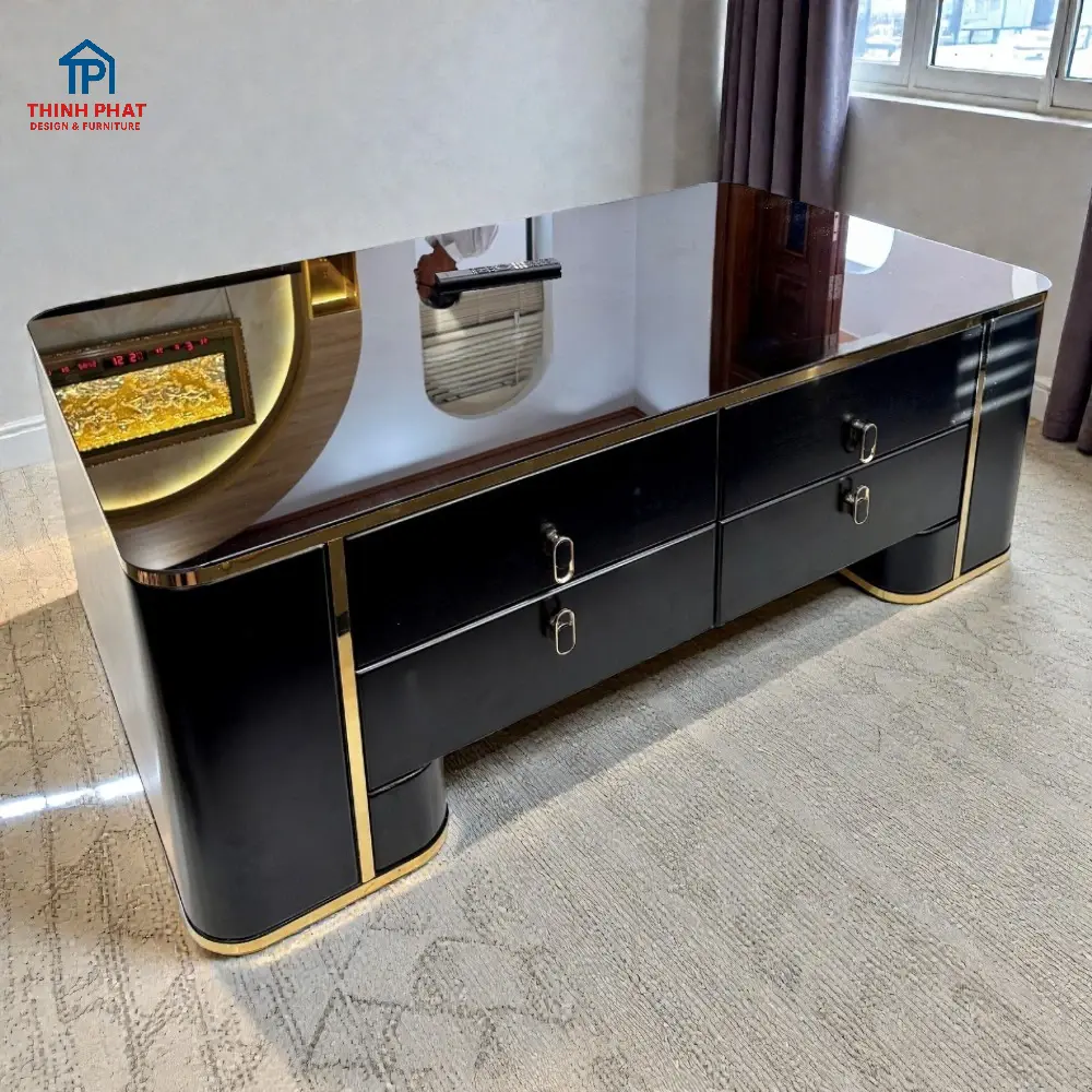 Bàn trà - Sofa Da 3 Văng Tựa Gật Gù Viền Champagne tại Đà Nẵng.