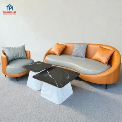 Mẫu sofa da bo cong màu camel phối đệm xám phong cách hiện đại