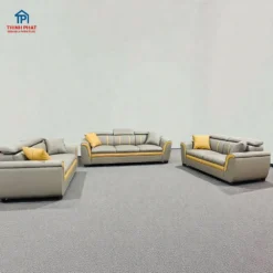 Sofa Da 3 Văng Tựa Gật Gù Viền Champagne không bàn trà và đôn vuông tại THịnh Phát Đà Nẵng