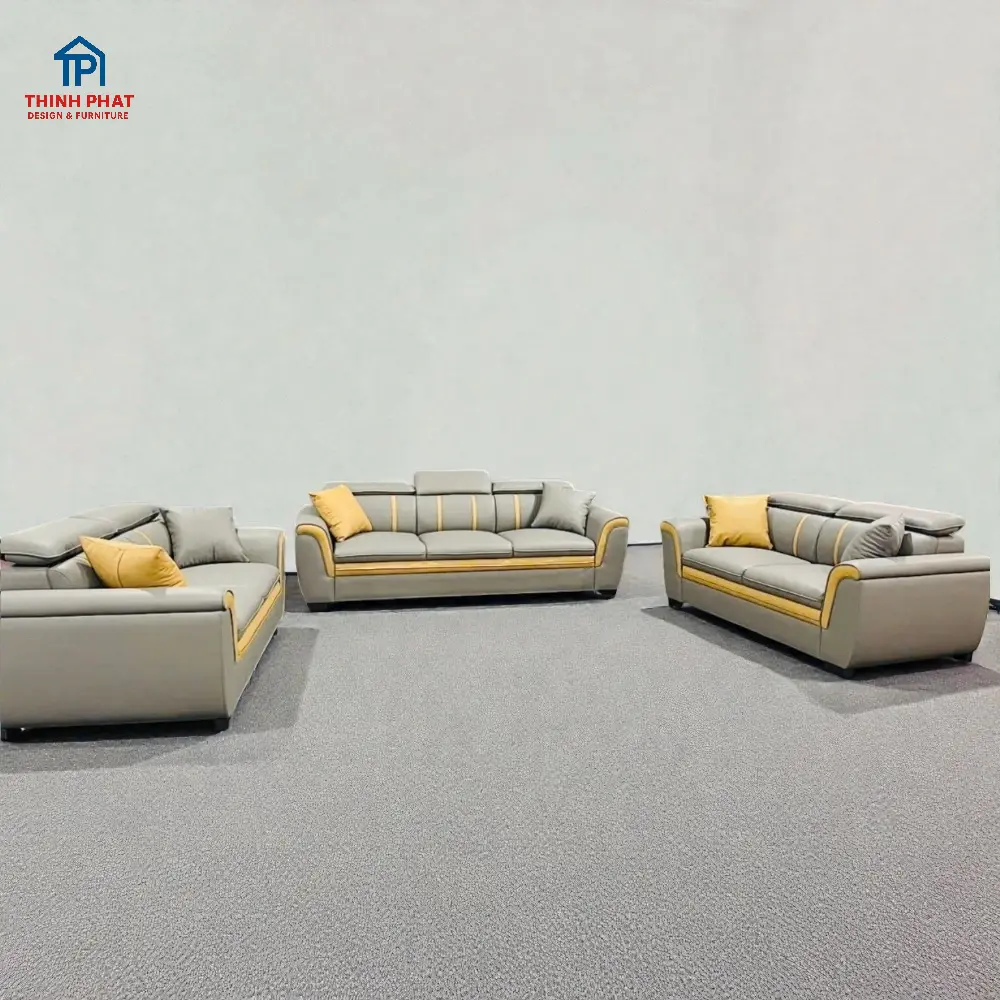 Sofa Da 3 Văng Tựa Gật Gù Viền Champagne không bàn trà và đôn vuông tại THịnh Phát Đà Nẵng