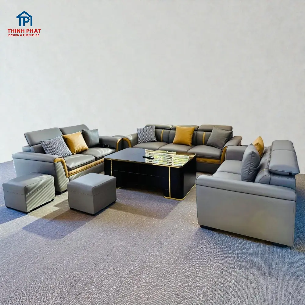 Sofa Da 3 Văng Tựa Gật Gù Viền Champagne cao cấp tại Đà Nẵng