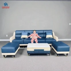Sofa da Carola màu xanh navy phối kem phong cách hiện đại cho phòng khách gia đình tại Thịnh Phát Đà Nẵng