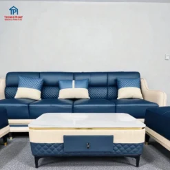 Sofa da xanh navy phối kem cho phòng khách nhà phố hiện đại