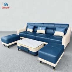 Sofa da gia đình màu xanh navy với thiết kế ngồi rộng hiện đại