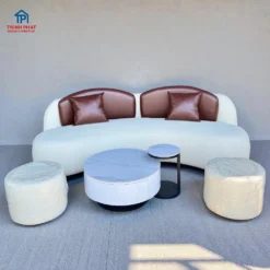 Sofa Da Cong Bán Nguyệt Kem Mocha tối giản tại Thịnh Phát Đà nẵng