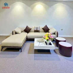 Sofa Góc Da Bo Cong 2 Tone Kem Nâu bàn trà trắng tại Đà Nẵng