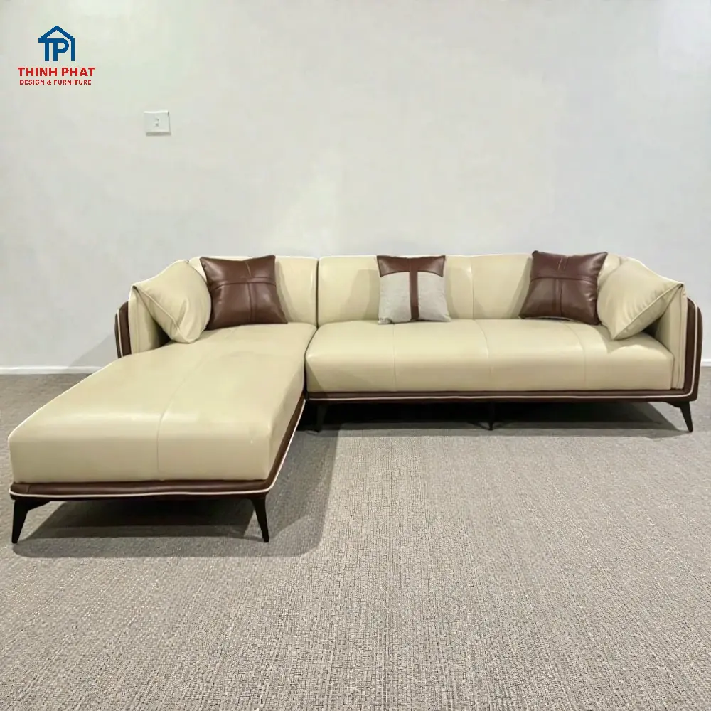 Sofa Góc Da Bo Cong 2 Tone Kem Nâu băng ghế chính tại Thịnh Phát Đà NẴng