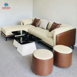 Sofa Góc Da Bo Cong 2 Tone Kem Nâu đẹp, sang trọng tại Thịnh Phát Đà Nẵng