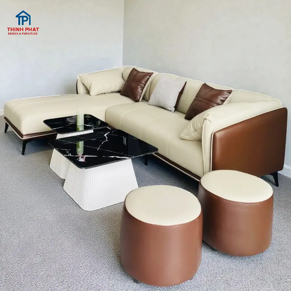 Sofa Góc Da Bo Cong 2 Tone Kem Nâu đẹp, sang trọng tại Thịnh Phát Đà Nẵng