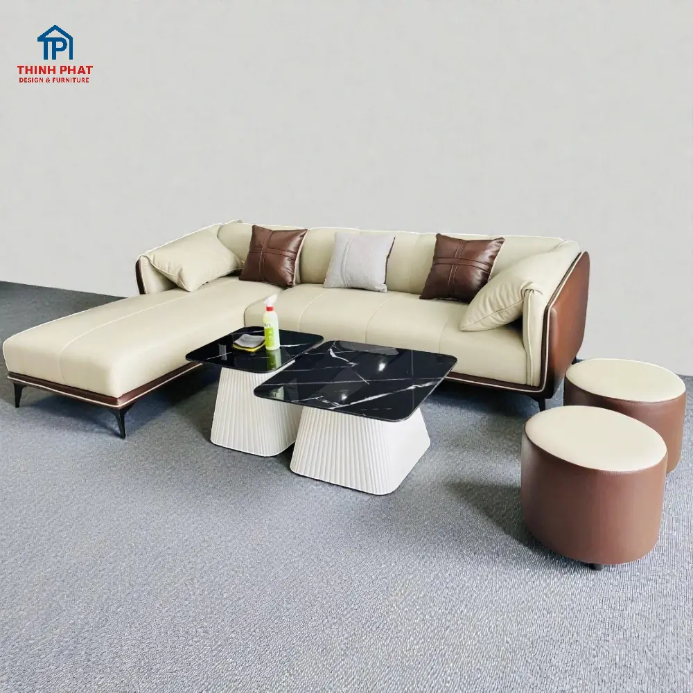 Sofa Góc Da Bo Cong 2 Tone Kem Nâu thiết kế riêng tại THịnh Phát Đà Nẵng