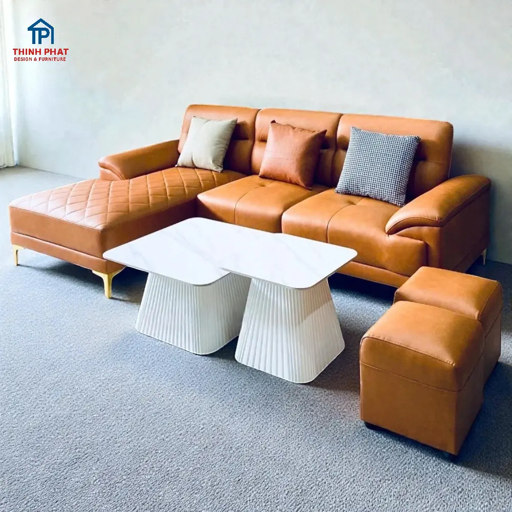 Sofa Góc Da Camel Chần Quả Trám góc phải đẹp tinh tế tại Thịnh Phát Đà Nẵng