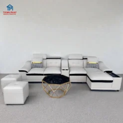 Sofa góc da màu trắng đen gật gù có khay tay và chaise thư giãn tại showroom Thịnh Phát Đà Nẵng