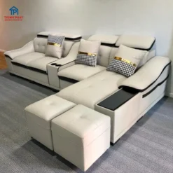 Sofa góc da trắng đen có ghế nằm và tựa đầu nâng cho phòng khách hiện đại