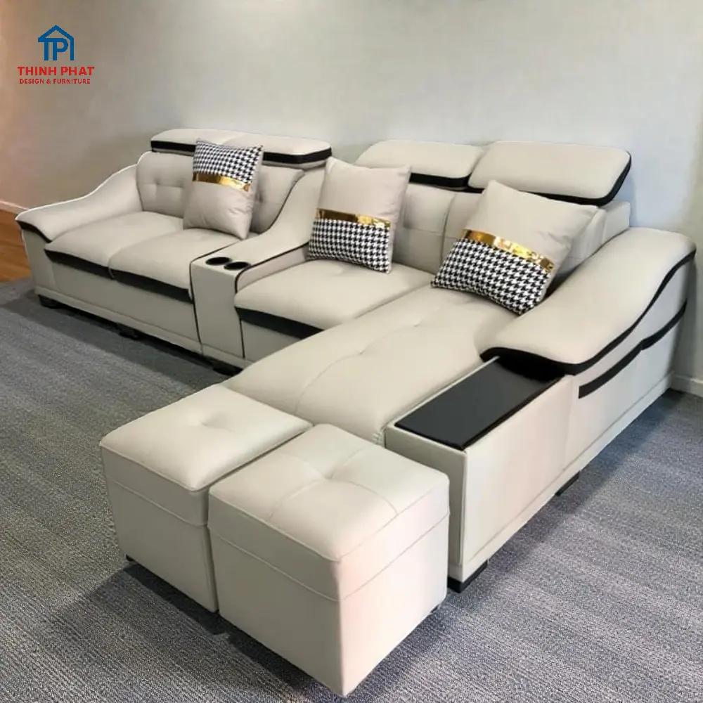 Sofa góc da trắng đen có ghế nằm và tựa đầu nâng cho phòng khách hiện đại